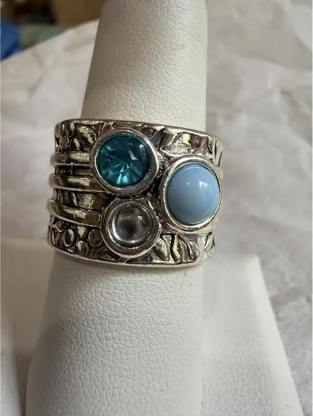 Silver Tone Ring with Blue and Clear Stones 7.5 Size
